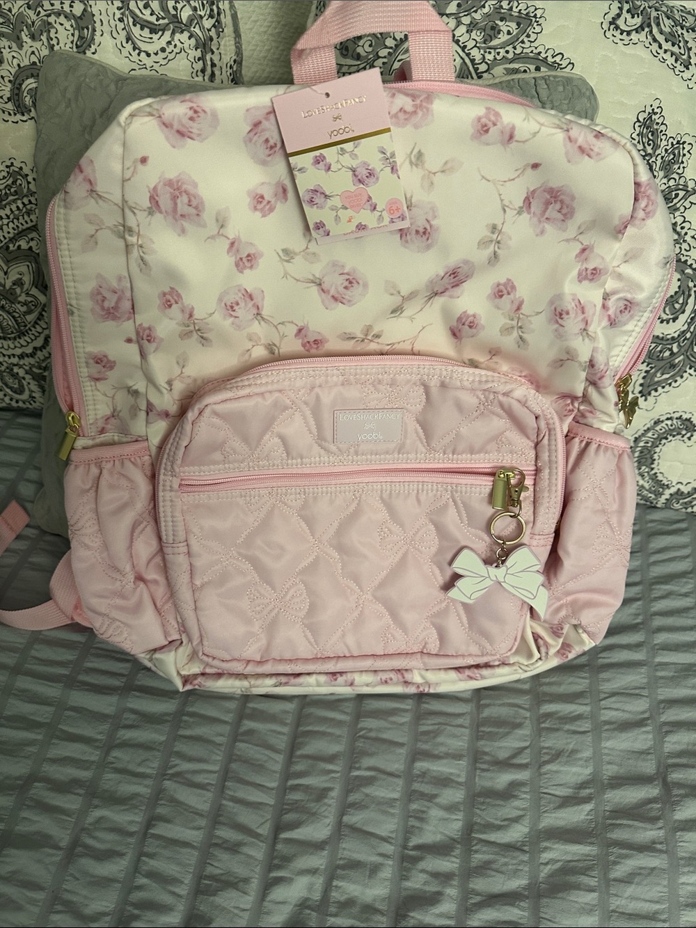 LoveShackFancy Pink Floral Quilted Backpack with Bow Charm